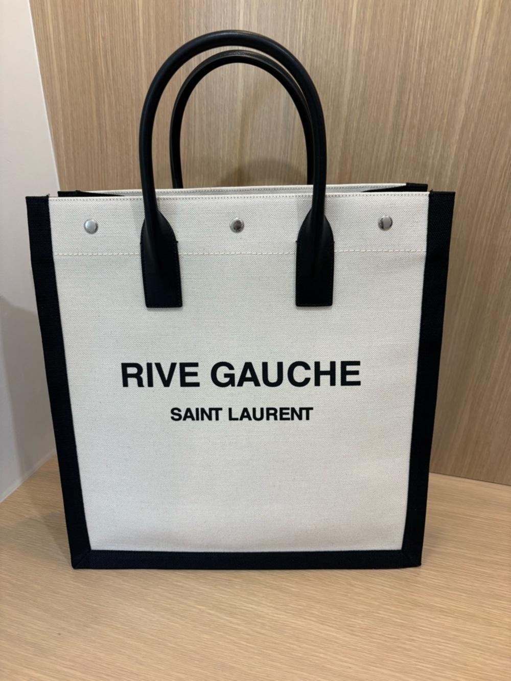 Saint Laurent Rive Gauche Canvas Tote in White and Black